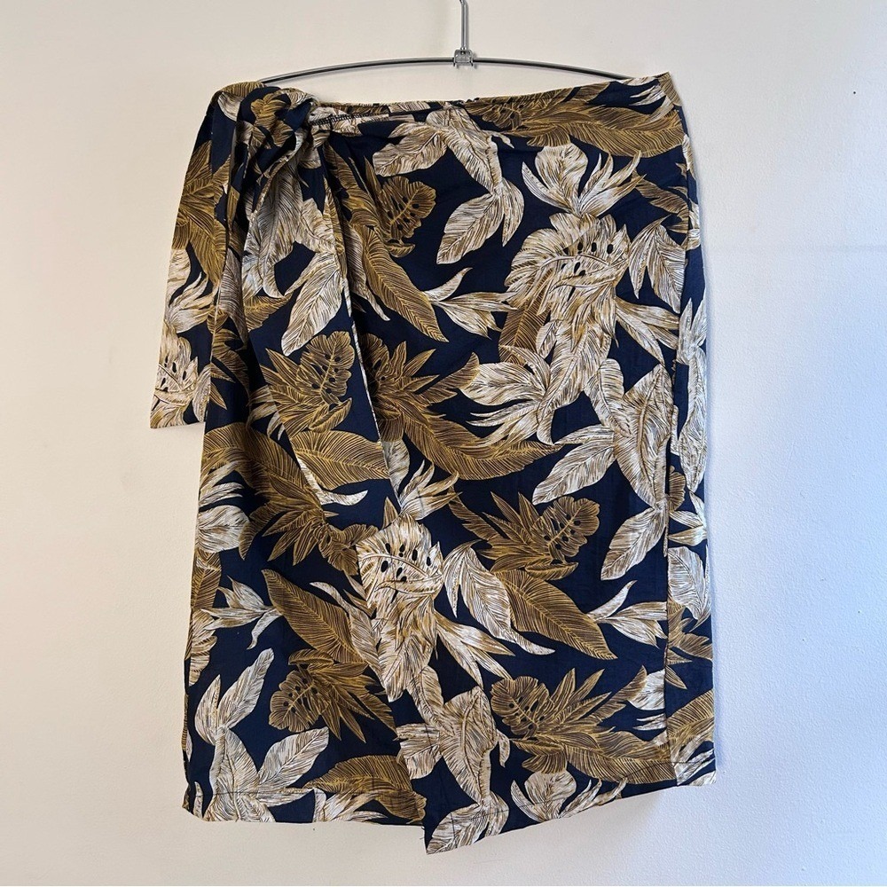 Calista Tropical Leaf Print Faux Wrap Midi Skirt Navy Gold L